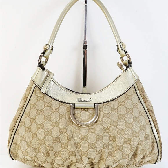 💯Authentic GUCCI Brown GG Canvas and Gold Leather Tote Hand Bag Purse #46709 - Picture 1 of 11